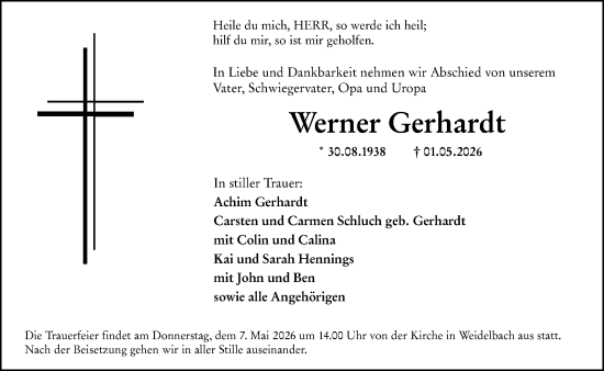 Traueranzeige von Werner Gerhardt von Dill Block