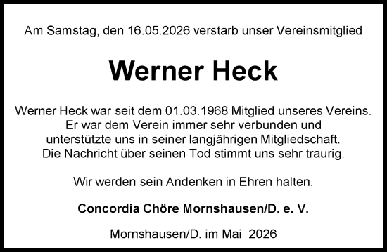 Traueranzeige von Werner Heck von Hinterländer Anzeiger