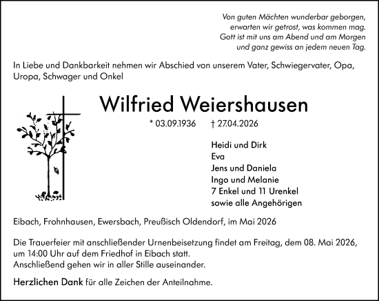Traueranzeige von Wilfried Weiershausen von Dill Block