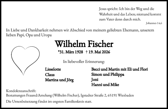 Traueranzeige von Wilhelm Fischer von Wiesbadener Kurier