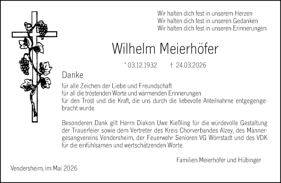 Traueranzeige von Wilhelm Meierhöfer von Allgemeine Zeitung Alzey
