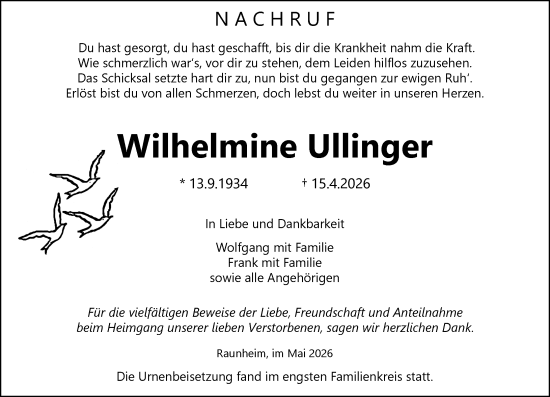 Traueranzeige von Wilhelmine Ullinger von Rüsselsheimer Echo