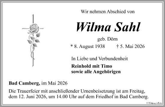 Traueranzeige von Wilma Sahl von Camberger Anzeiger