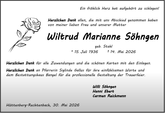 Traueranzeige von Wiltrud Marianne Söhngen von Wetzlarer Neue Zeitung
