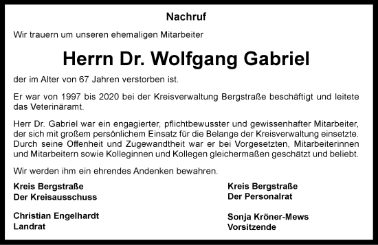 Traueranzeige von Wolfgang Gabriel von Starkenburger Echo