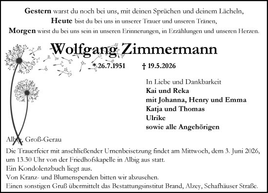 Traueranzeige von Wolfgang Zimmermann von Allgemeine Zeitung Alzey