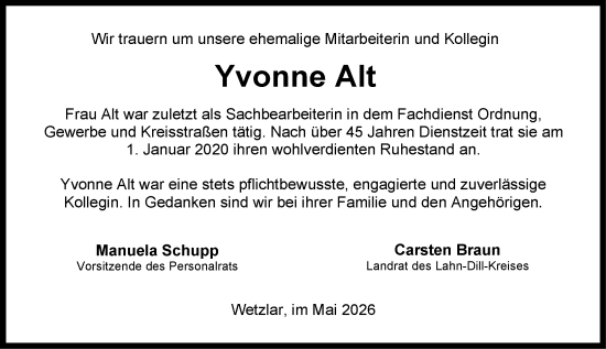 Traueranzeige von Yvonne Alt von Wetzlarer Neue Zeitung