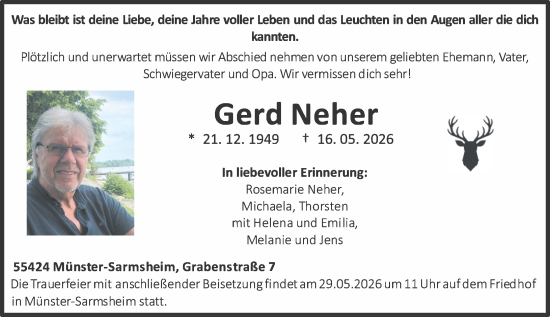 Traueranzeige von Gerd Neher von Allgemeine Zeitung Rheinhessen-Nahe