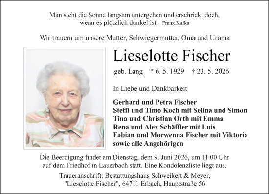 Traueranzeige von Lieselotte Fischer 