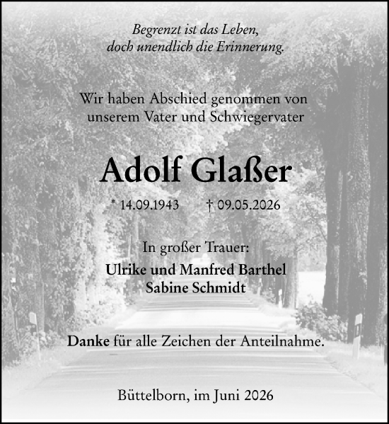 Traueranzeige von Adolf Glaßer von Groß-Gerauer Echo