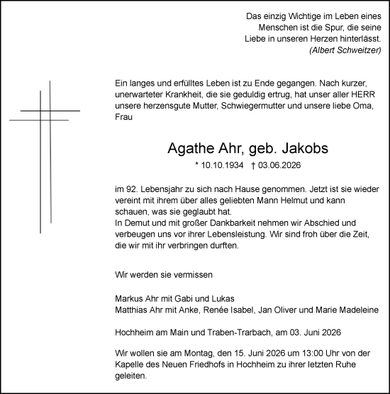Traueranzeige von Agathe Ahr von Hochheimer Zeitung