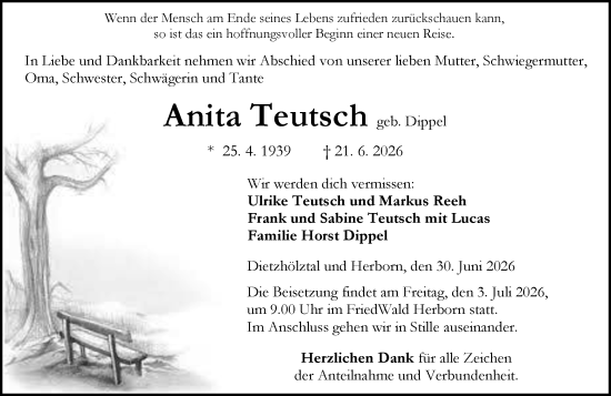 Traueranzeige von Anita Teutsch von Dill Block