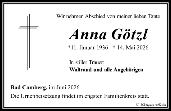 Traueranzeige von Anna Götzl von Camberger Anzeiger