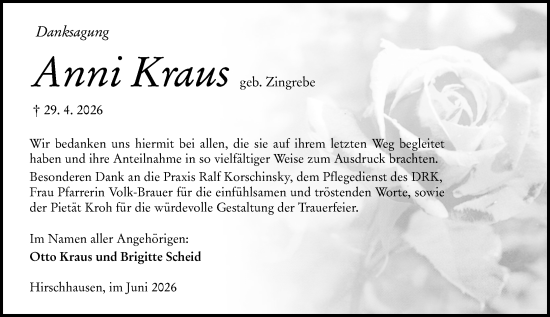 Traueranzeige von Anni Kraus von Weilburger Tageblatt