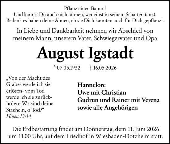 Traueranzeige von August Igstadt von Wiesbadener Kurier