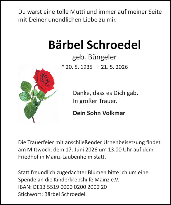 Traueranzeige von Bärbel Schroedel von Allgemeine Zeitung Mainz