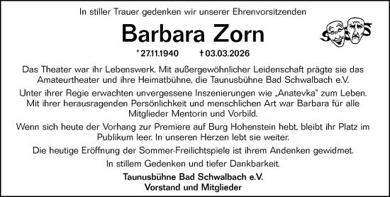 Traueranzeige von Barbara Zorn von Wiesbadener Kurier