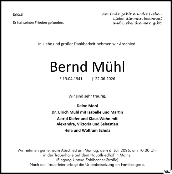 Traueranzeige von Bernd Mühl von Allgemeine Zeitung Mainz