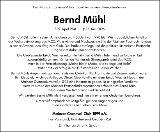 Traueranzeige von Bernd Mühl von Allgemeine Zeitung Mainz