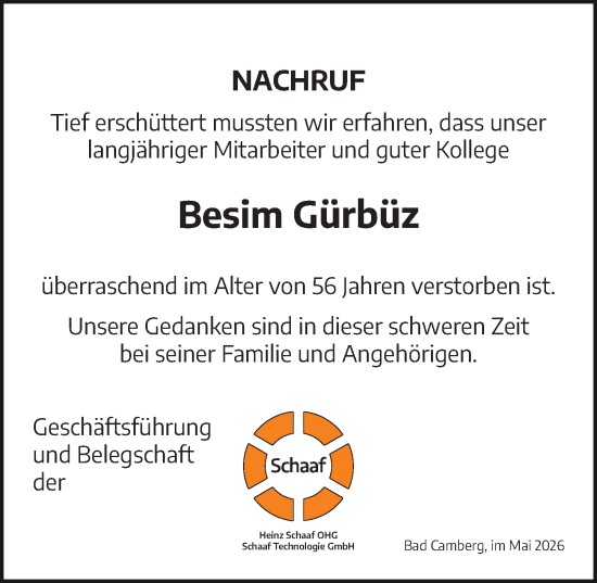 Traueranzeige von Besim Gürbüz von Camberger Anzeiger