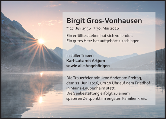Traueranzeige von Birgit Gros-Vonhausen von Allgemeine Zeitung Mainz