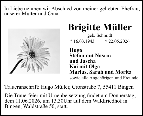 Traueranzeige von Brigitte Müller von Allgemeine Zeitung Rheinhessen-Nahe