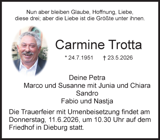 Traueranzeige von Carmine Trotta von Dieburger Anzeiger/Groß-Zimmerner Lokal-Anzeiger