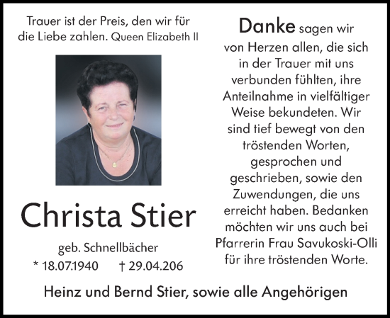 Traueranzeige von Christa Stier von Darmstädter Echo