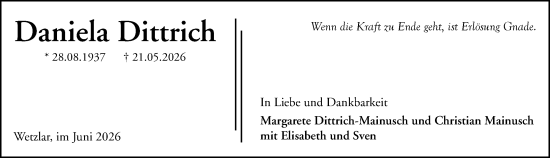 Traueranzeige von Daniela Dittrich von Wetzlarer Neue Zeitung