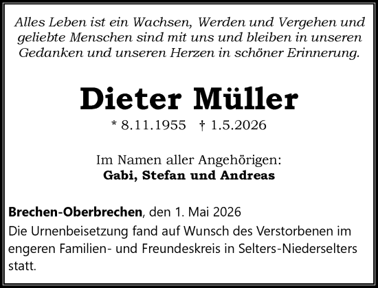 Traueranzeige von Dieter Müller von Camberger Anzeiger
