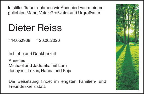 Traueranzeige von Dieter Reiss von Darmstädter Echo