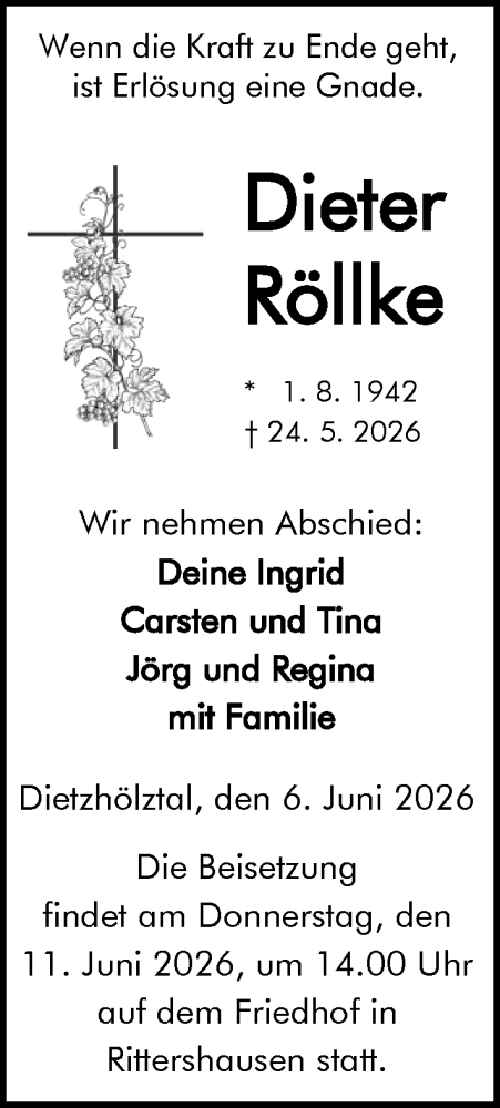 Traueranzeige von Dieter Rölleke von Dill Block