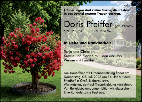 Traueranzeige von Doris Pfeiffer von Darmstädter Echo