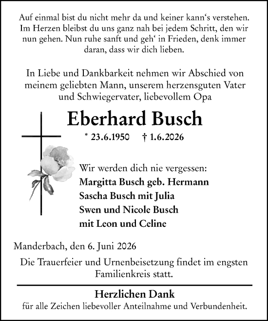 Traueranzeige von Eberhard Busch von Dill Block