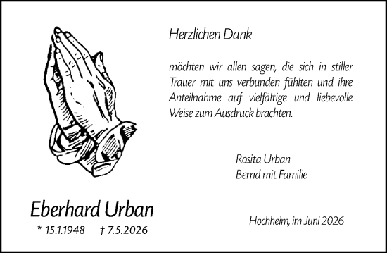 Traueranzeige von Eberhard Urban von Hochheimer Zeitung