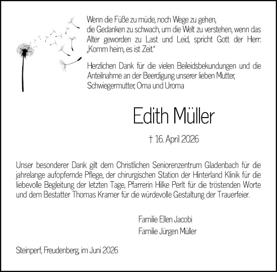 Traueranzeige von Edith Müller von Hinterländer Anzeiger