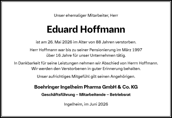 Traueranzeige von Eduard Hoffmann von Allgemeine Zeitung Rheinhessen-Nahe