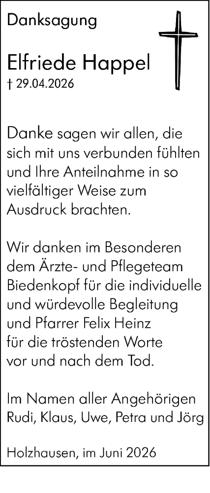 Traueranzeige von Elfriede Happel von Hinterländer Anzeiger