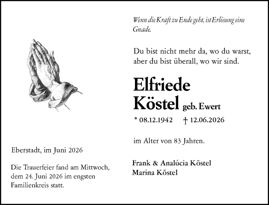 Traueranzeige von Elfriede Köstel von Darmstädter Echo