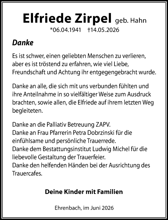 Traueranzeige von Elfriede Zirpel von Idsteiner Land/Untertaunus
