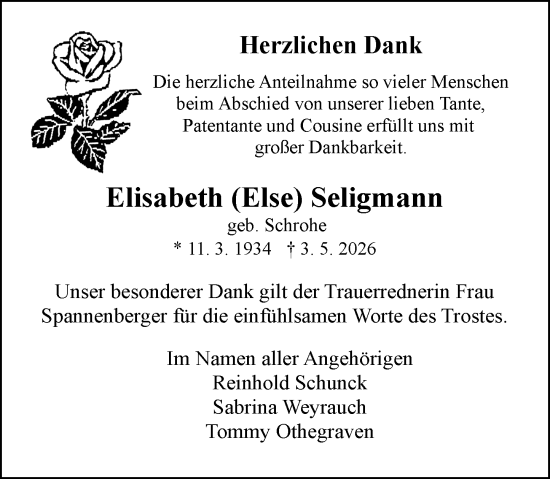 Traueranzeige von Elisabeth Seligmann von Allgemeine Zeitung Mainz