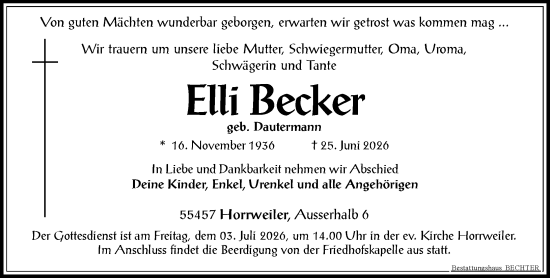 Traueranzeige von Elli Becker von Allgemeine Zeitung Rheinhessen-Nahe