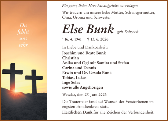 Traueranzeige von Else Bunk von Wetzlarer Neue Zeitung