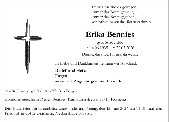 Traueranzeige von Erika Bennies von Allgemeine Zeitung Mainz