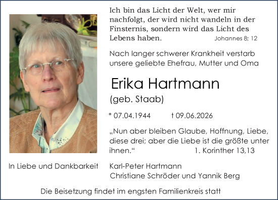 Traueranzeige von Erika Hartmann von Wormser Zeitung