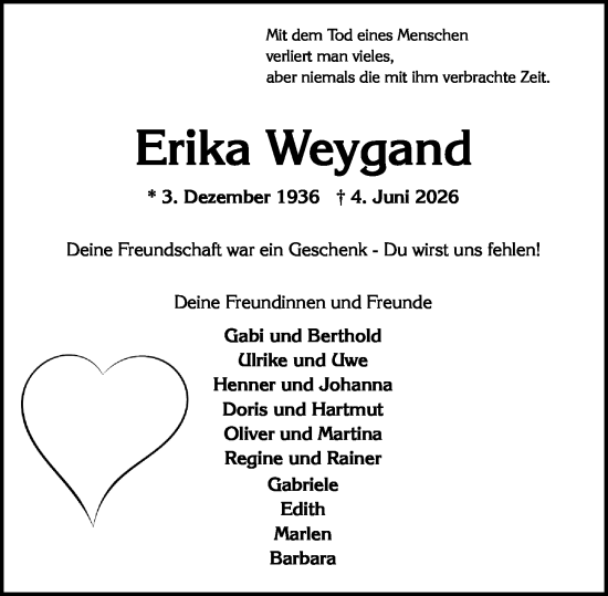 Traueranzeige von Erika Weygand von Wiesbadener Kurier