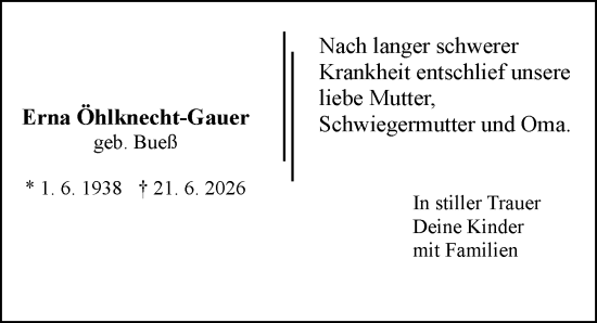 Traueranzeige von Erna Öhlknecht-Gauer von Allgemeine Zeitung Mainz