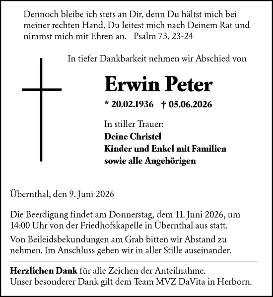 Traueranzeige von Erwin Peter von Dill Block