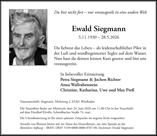 Traueranzeige von Ewald Siegmann von Wiesbadener Kurier