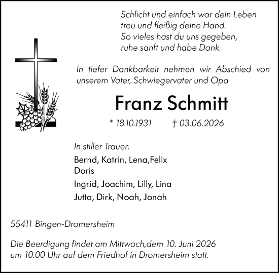 Traueranzeige von Franz Schmitt von Allgemeine Zeitung Rheinhessen-Nahe